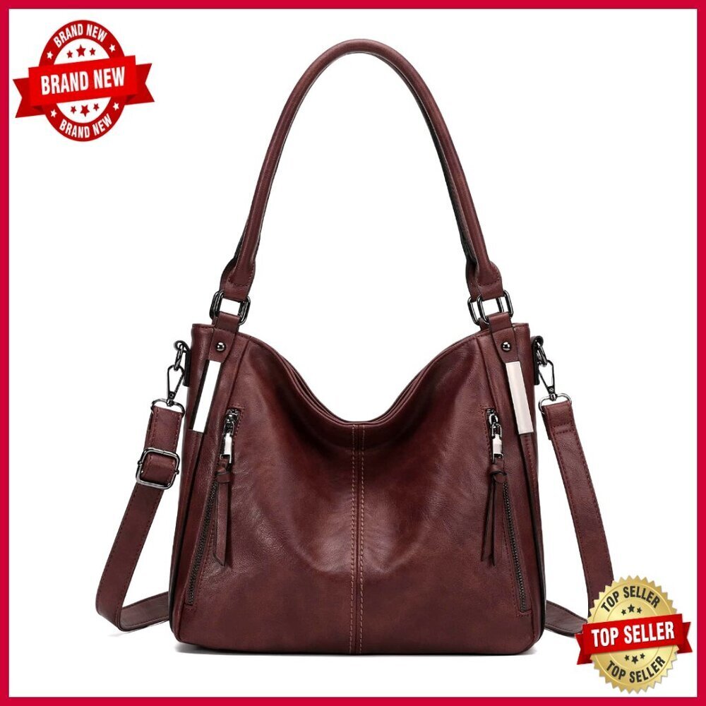 Large PU Leather Crossbody Tote with Adjustable Strap, 7 Compartments